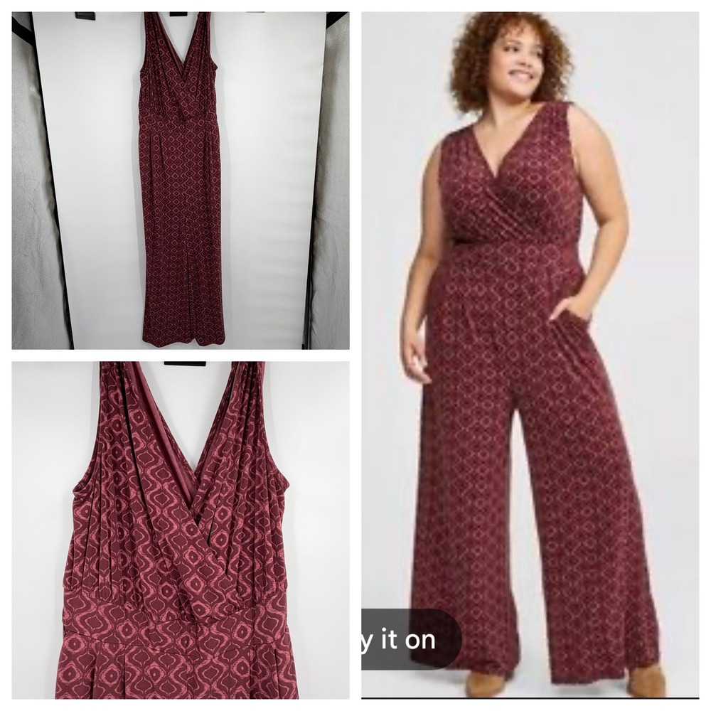 Torrid Marsala Stars Textured Knit Wide Leg Jumpsuit Size 2 Burgundy Geometric